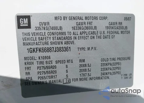 2007 GMC Yukon Xl 1500 Denali z USA, uszkodzony, nr VIN 1GKFK66887J383361